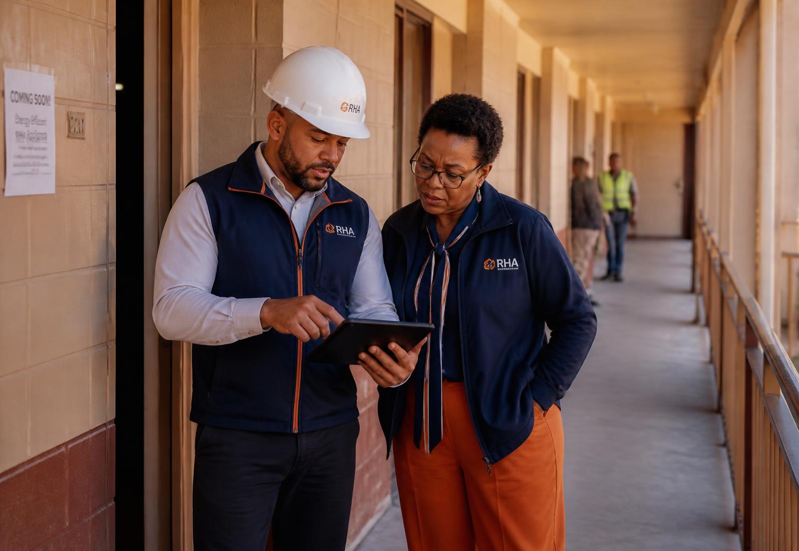 EDN project manager reviewing plans with a housing authority official during an occupied renovation